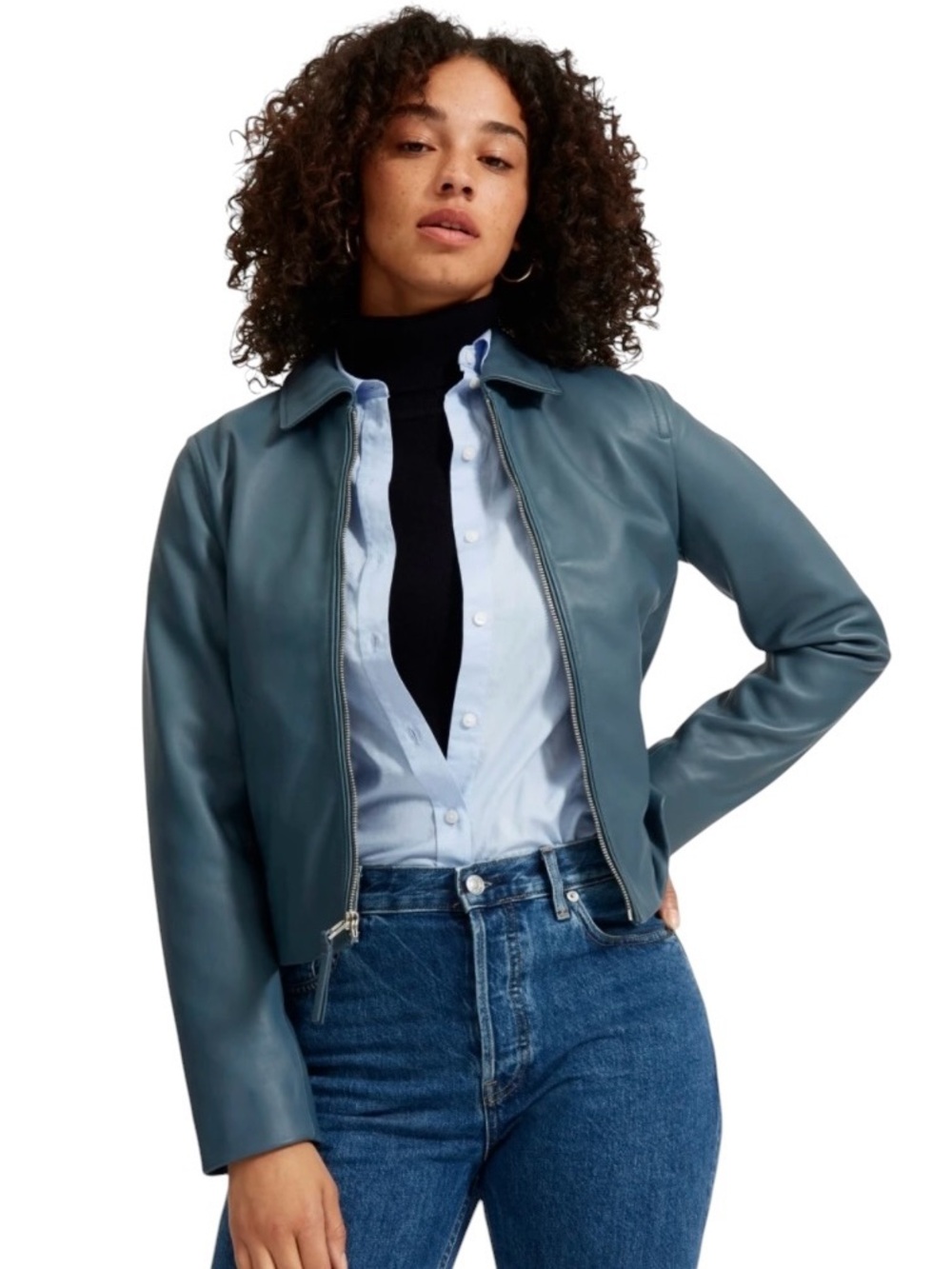 Everlane Modern Leather Zip Jacket with Classic Collar in Storm Blue